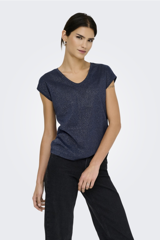 ONLSILVERY S/S V NECK LUREX TOP JRS 15136069 NIGHT SKY